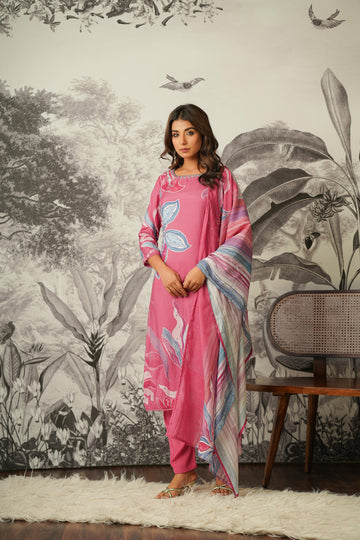 Pink color 3 pc set pure muslin with placement prints