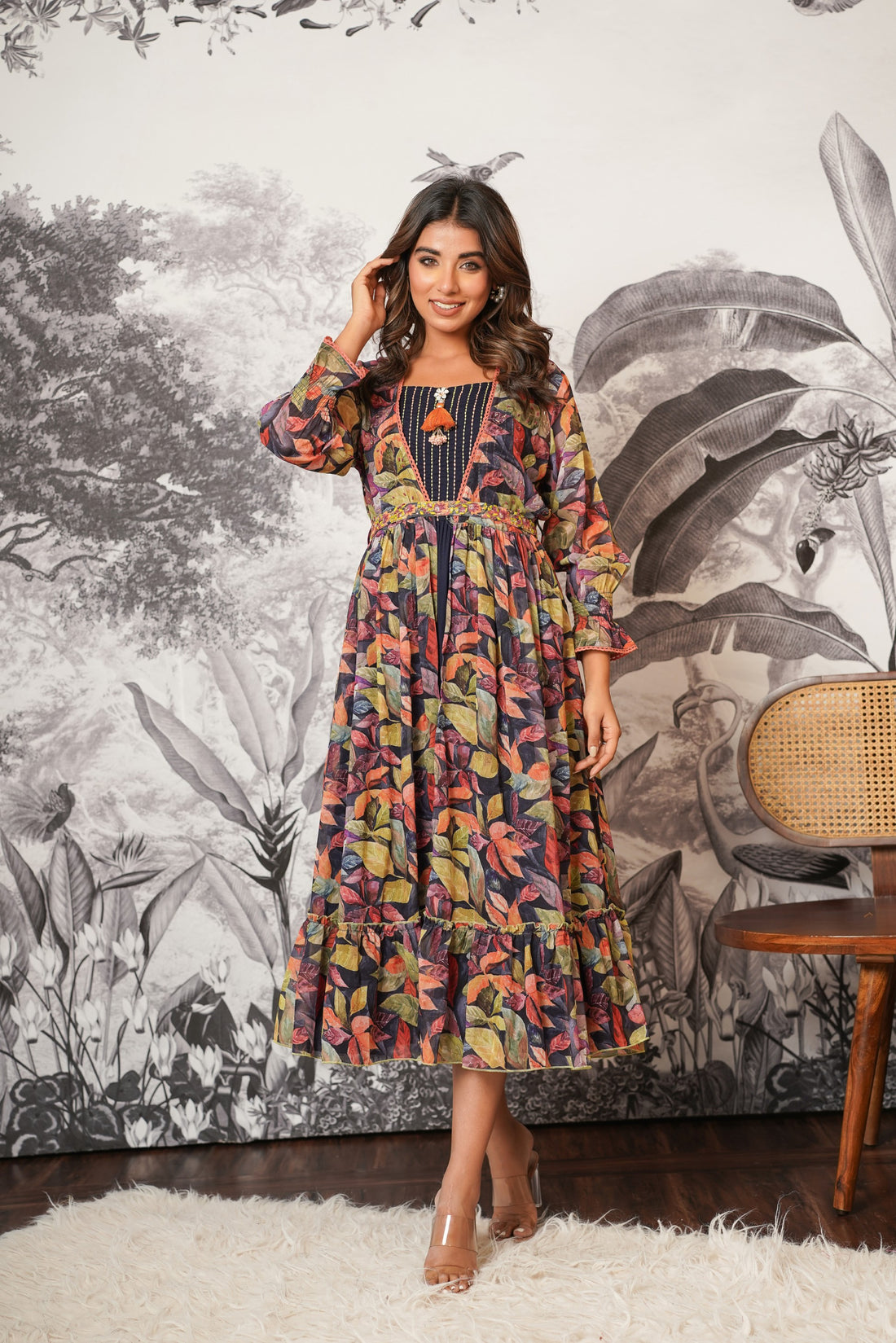 Leaf Printed Gerogete Indo-Western Jacket Style Dress