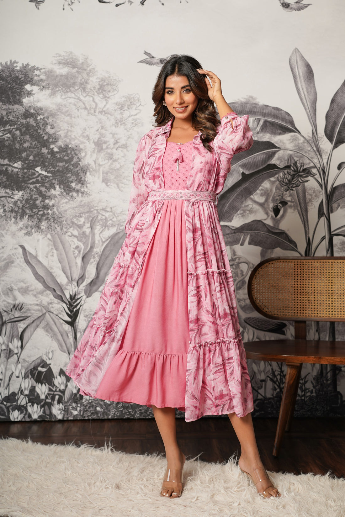 Pink Printed Gerogete Indo-Western Jacket Style Dress (Jacket are Separable)