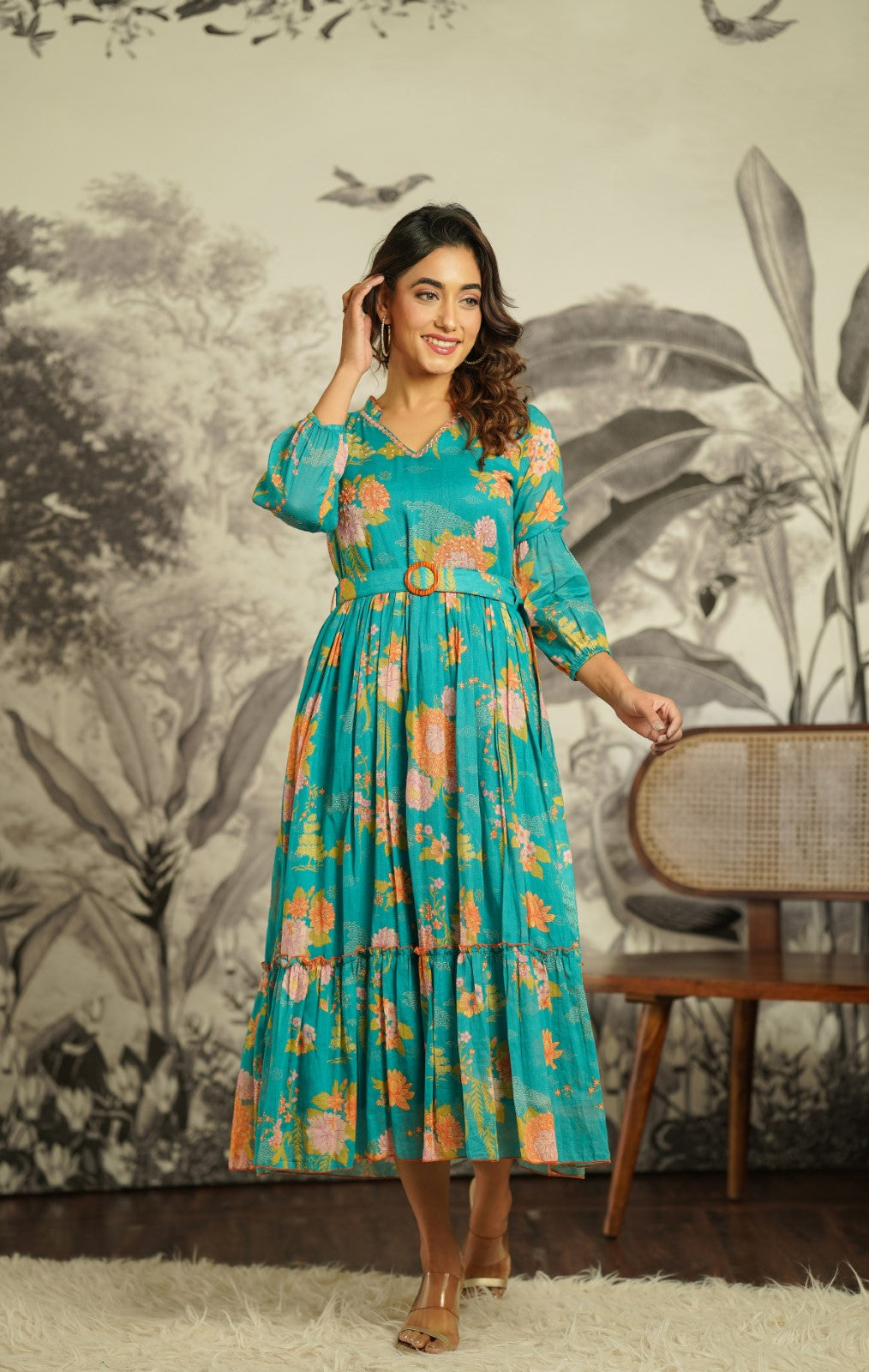 Floral Green Georgette Gown