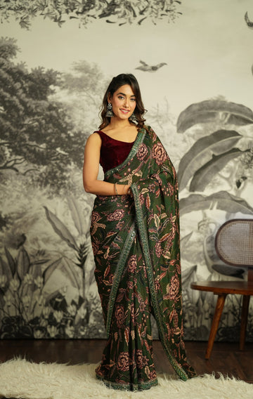 PRINTED SAREE WITH HANDWORK