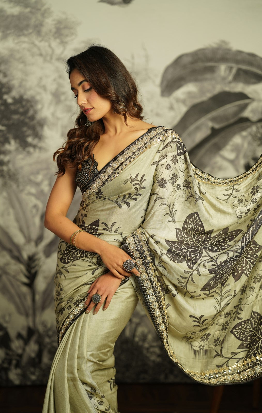 ROYAL BLACK AND WHITE  PRINTED SAREE WITH HANDWORK